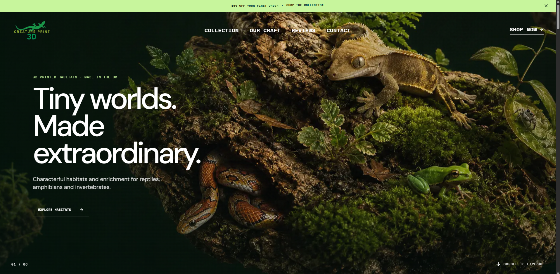 Creature Print 3D homepage with immersive habitat photography and collection call to action