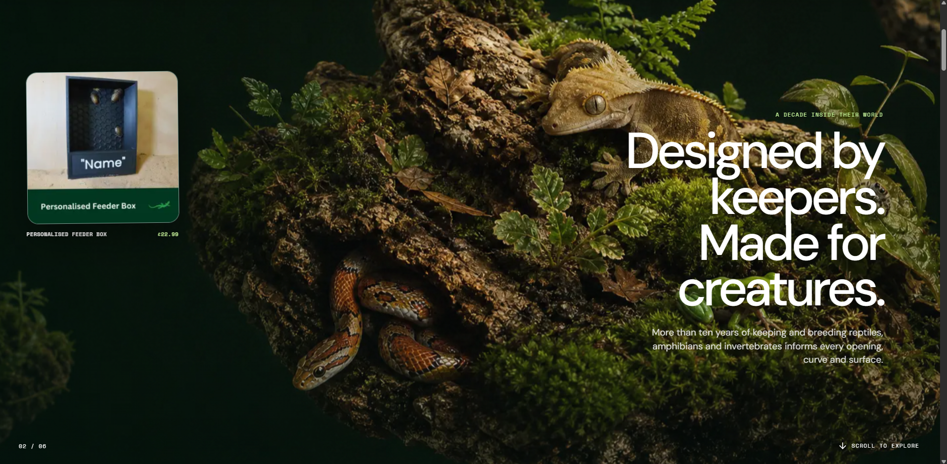Homepage section explaining that products are designed by experienced animal keepers
