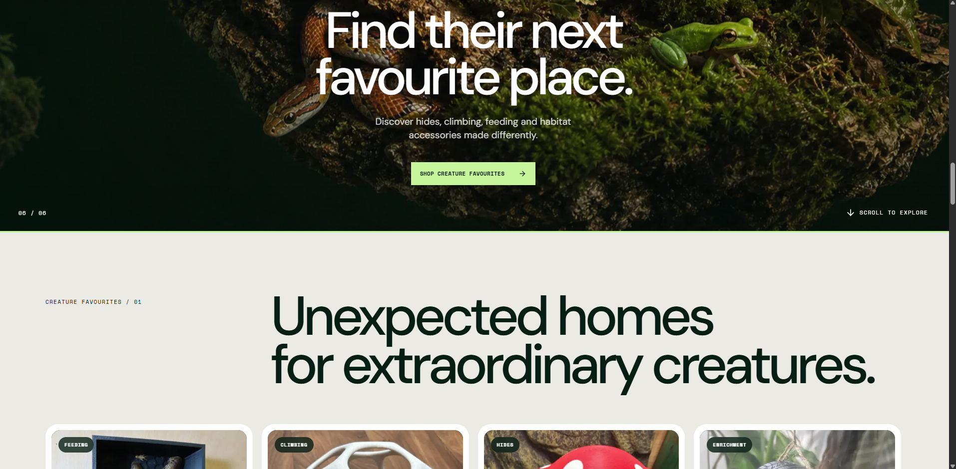 Homepage transition into the creature favourites product collection