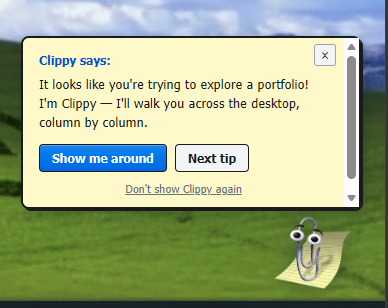 Clippy assistant welcome dialog with Show me around and Next tip buttons