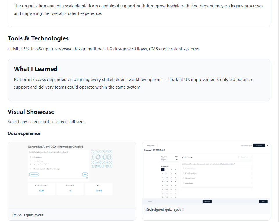 Case study visual showcase with before and after quiz layout comparison