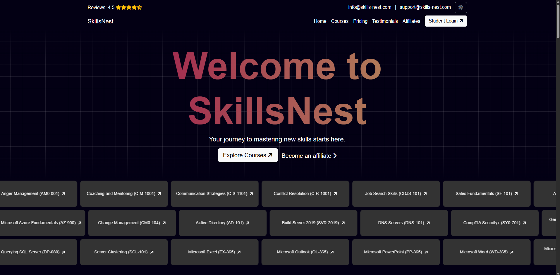 SkillsNest homepage hero, navigation and scrolling course catalogue in dark mode