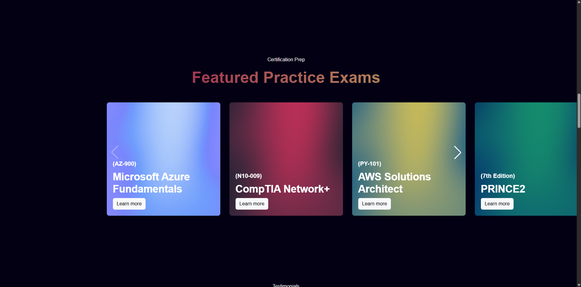 Featured certification practice exam cards