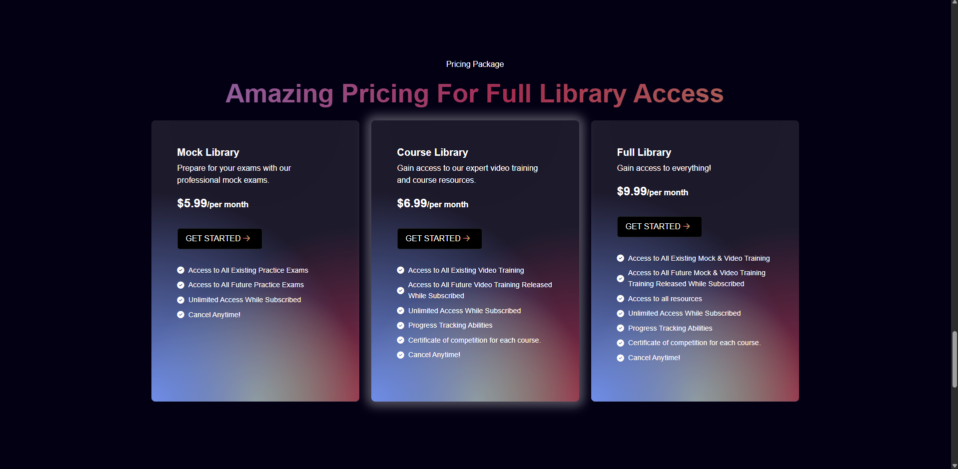 SkillsNest Mock, Course and Full Library subscription cards