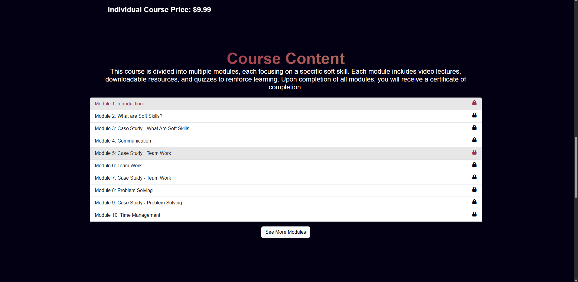 Locked module list for the soft skills course