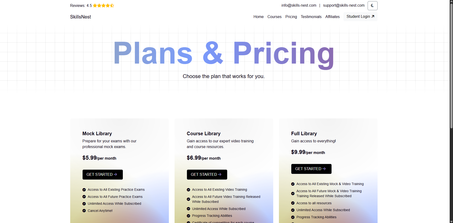 SkillsNest plans and pricing page in light mode