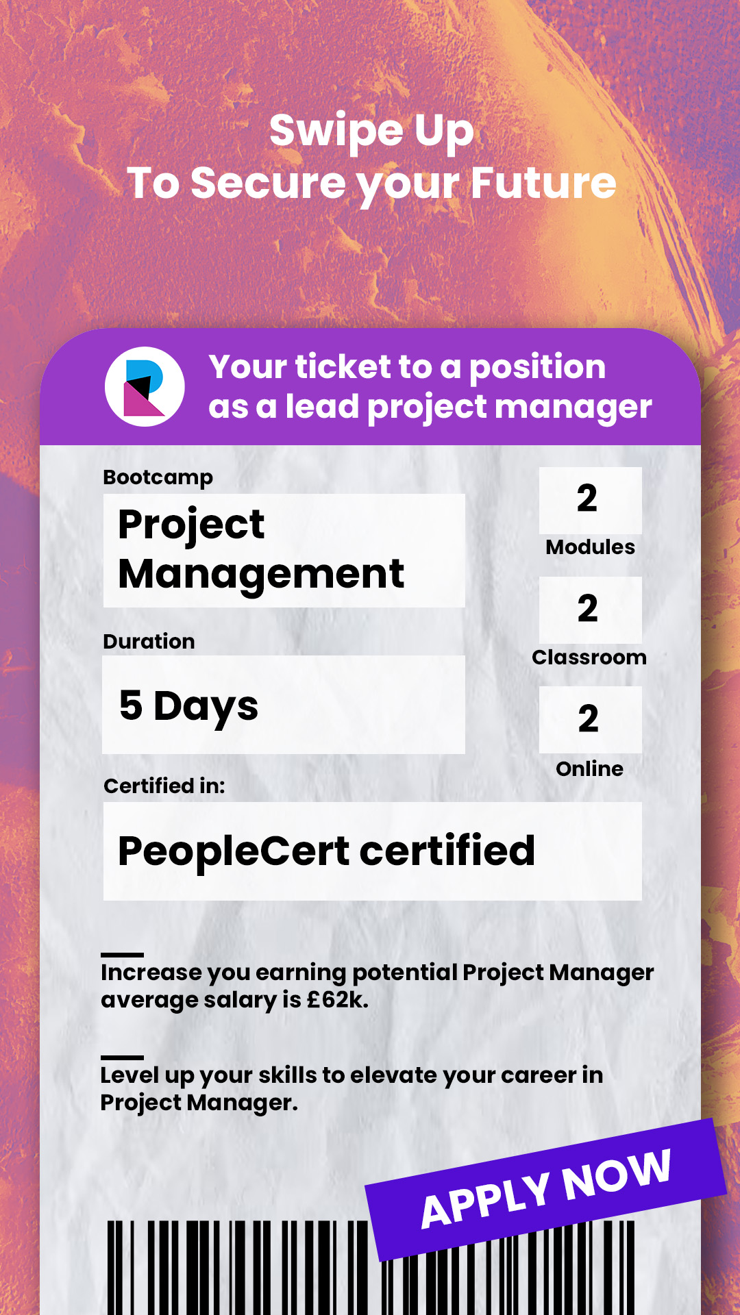 Instagram story creative promoting a project management career webinar