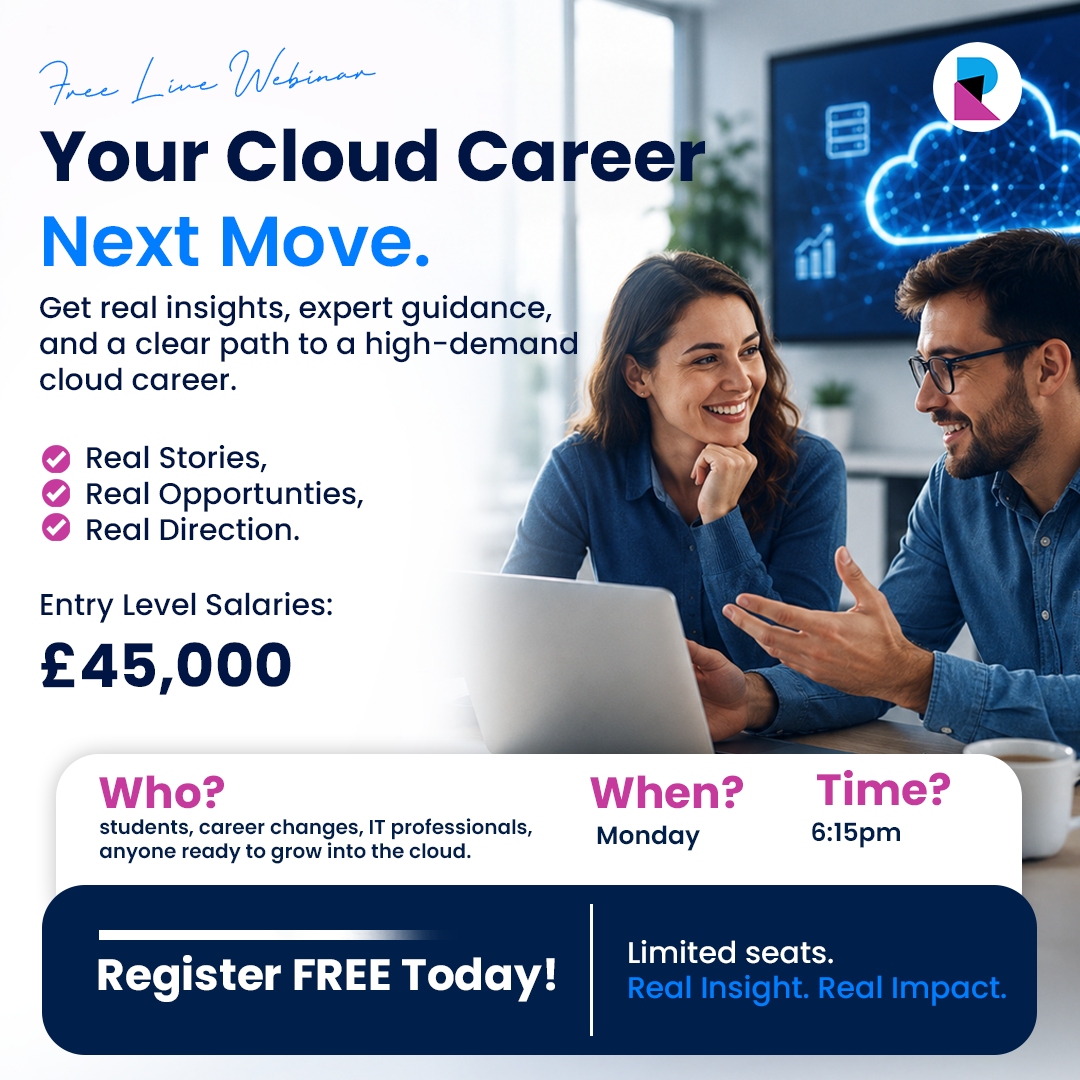 Square social graphic promoting a cloud career webinar with clear CTA
