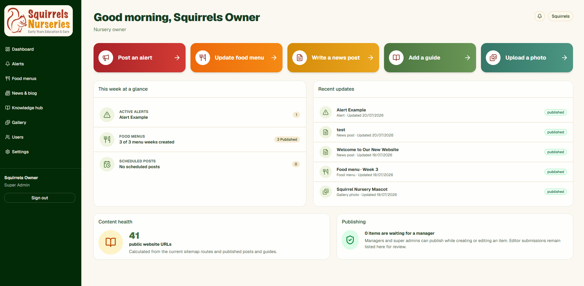 Squirrels Nursery secure admin dashboard with publishing shortcuts and recent content