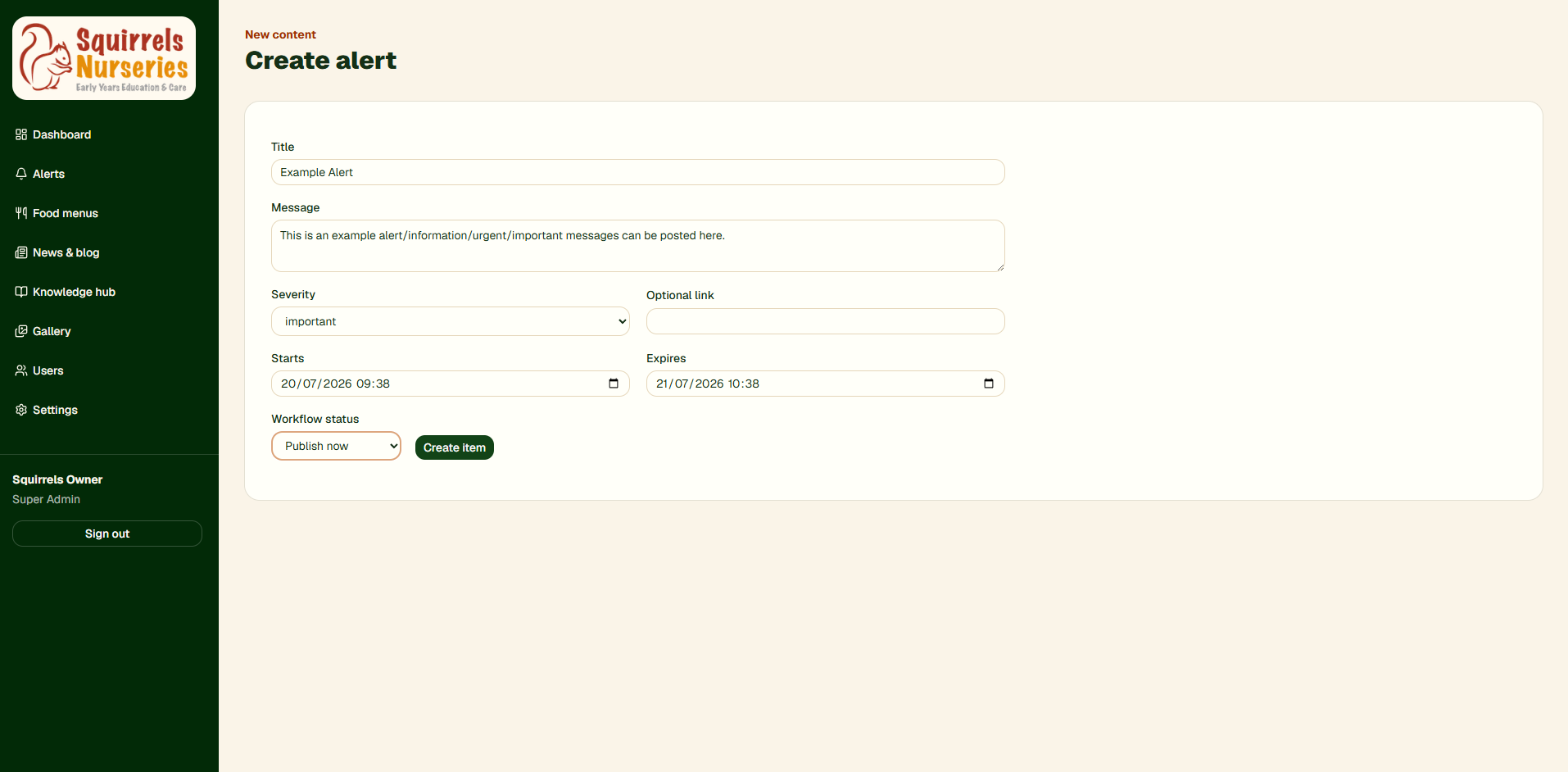 Admin form for creating and scheduling an important nursery alert