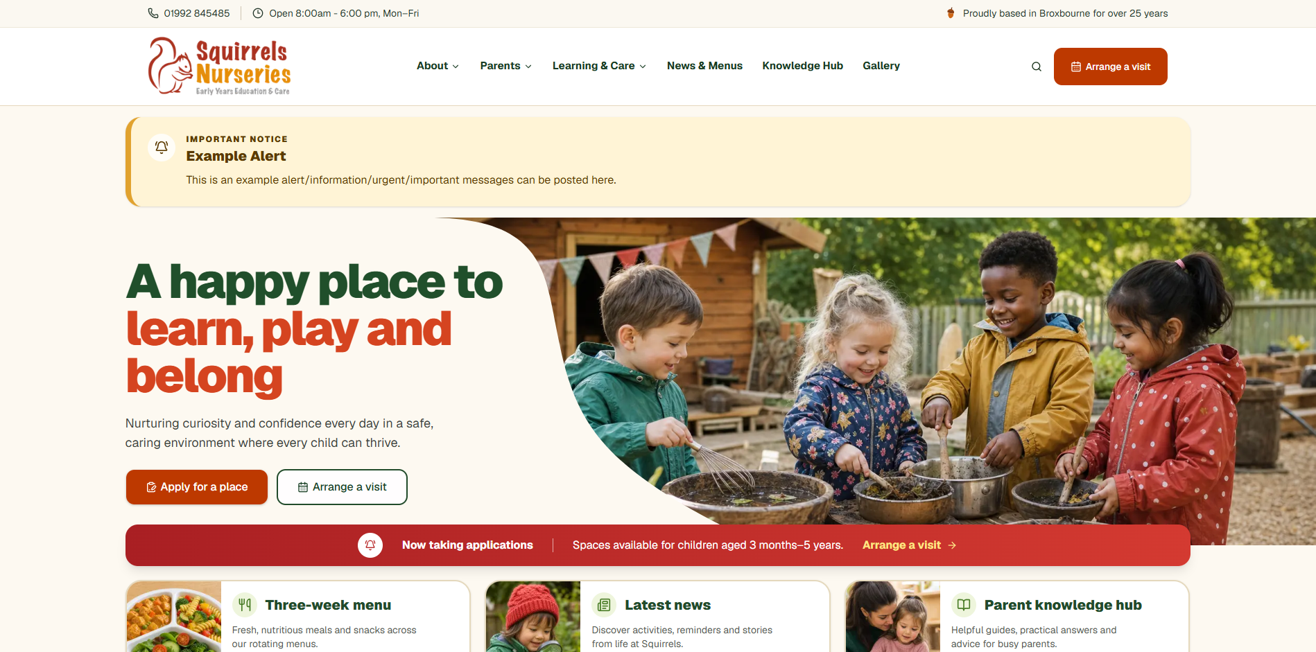 Nursery homepage displaying a newly published important alert