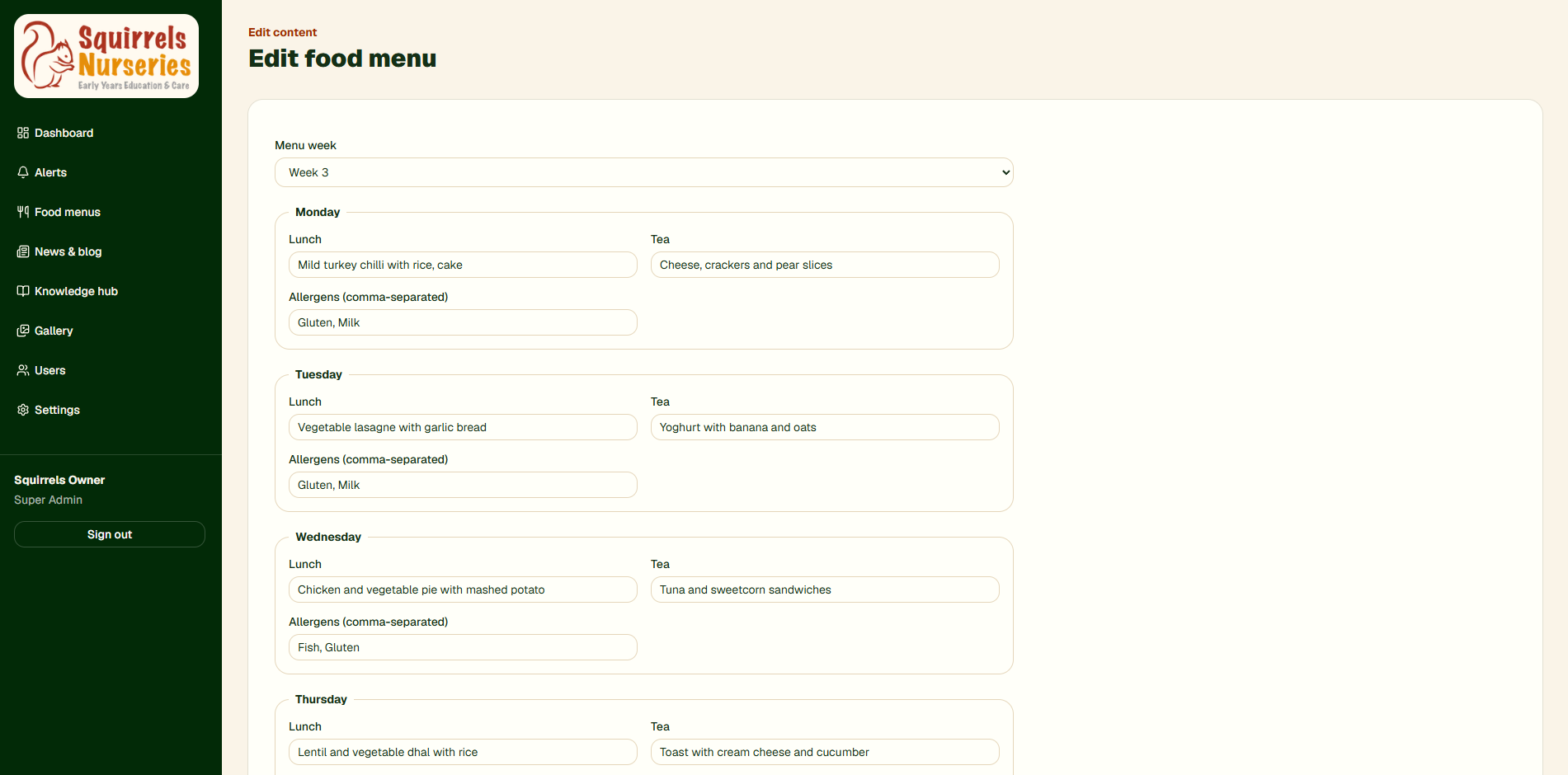 Admin interface for maintaining the nursery three-week food menu and allergens