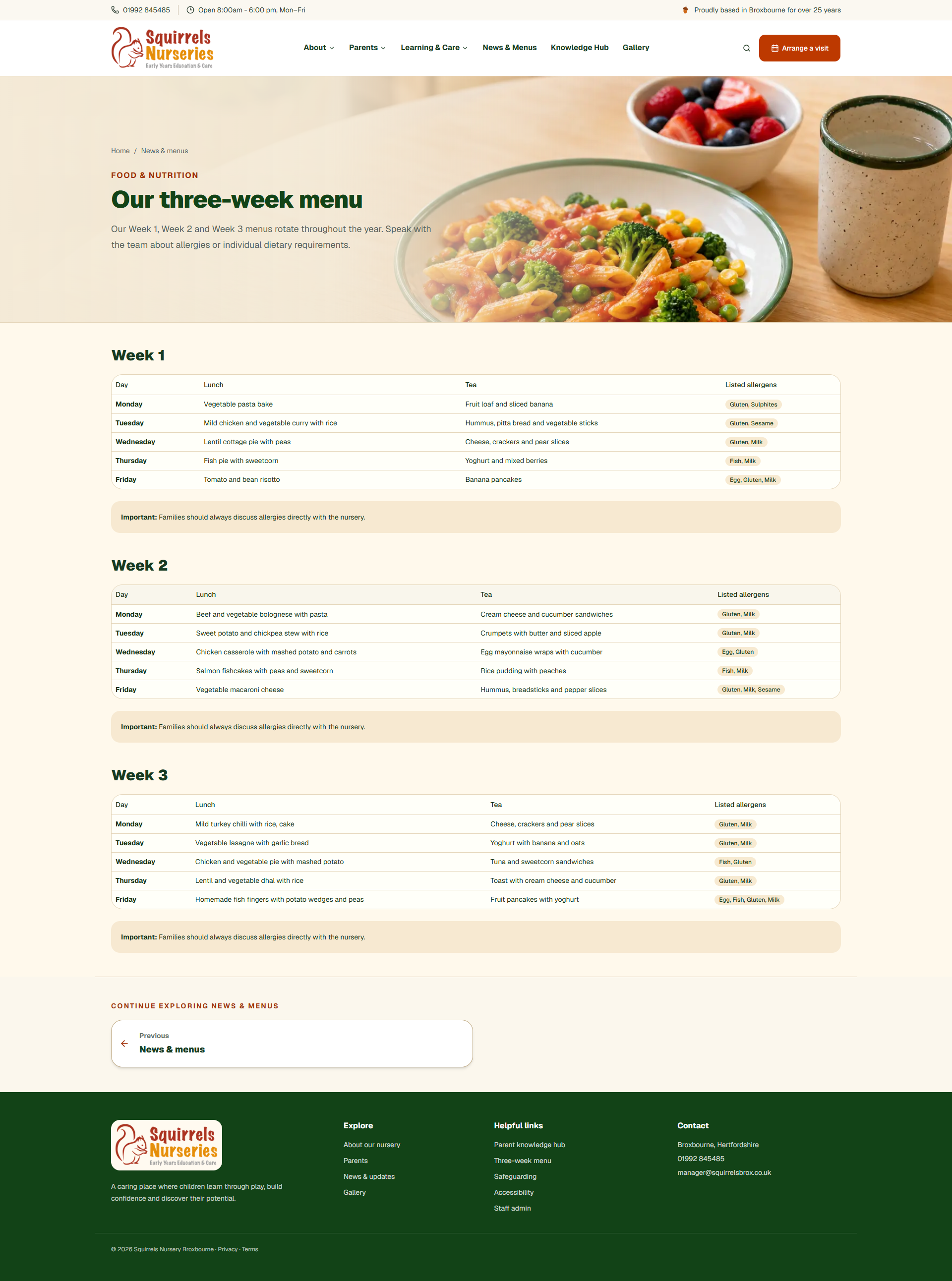 Parent-facing food menu with daily meals and listed allergens