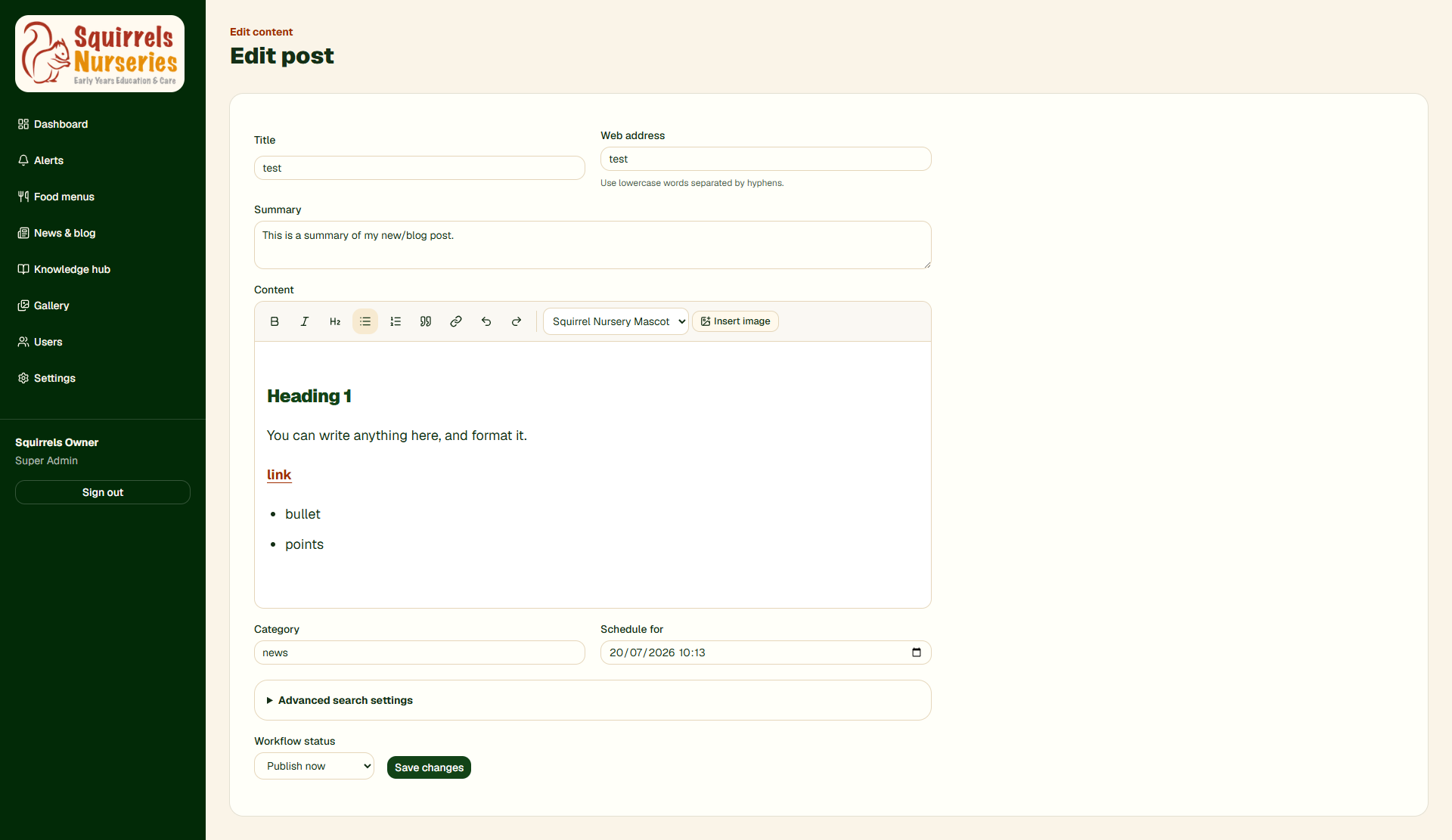Rich text editor for writing, formatting and scheduling nursery news