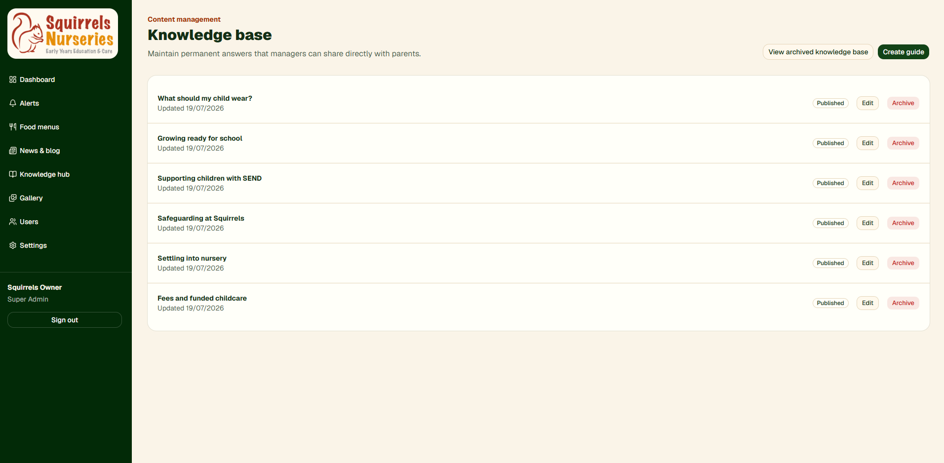 Published parent guides managed from the secure knowledge base