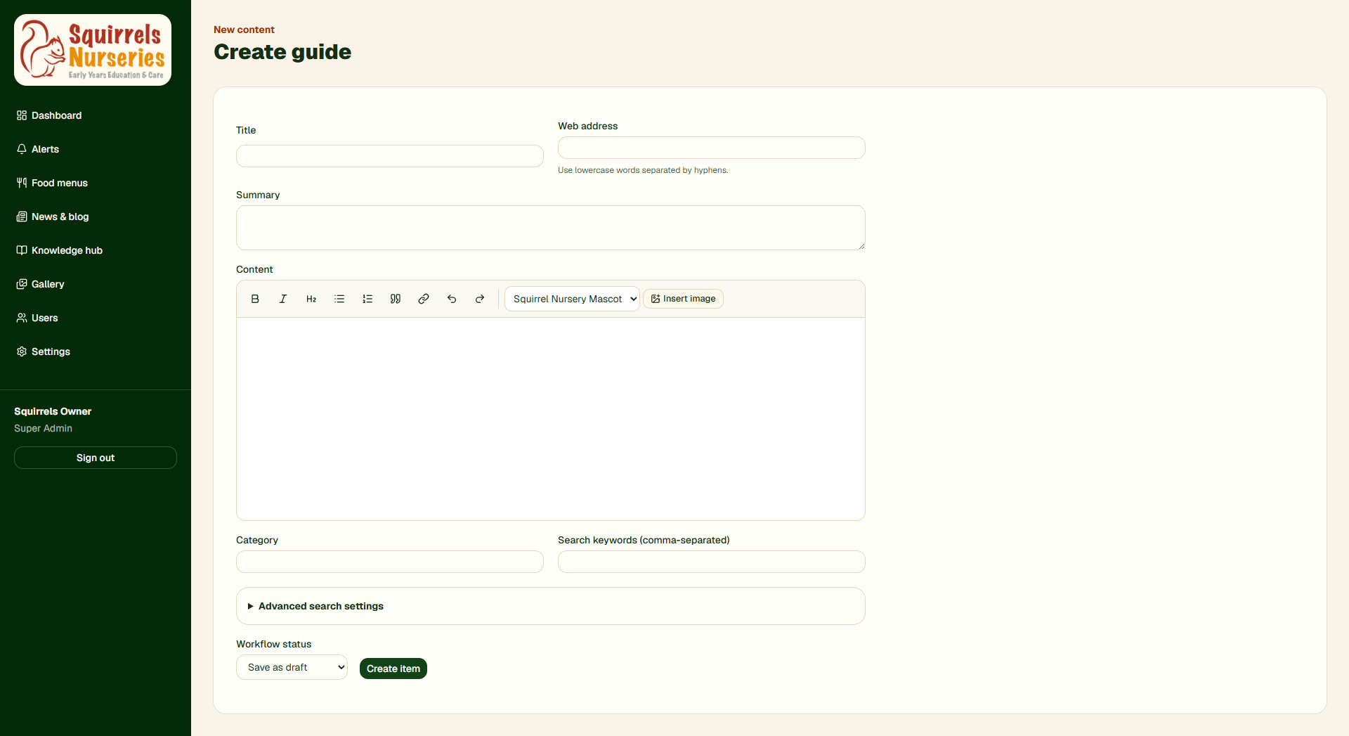 Admin editor for a searchable parent knowledge-base guide