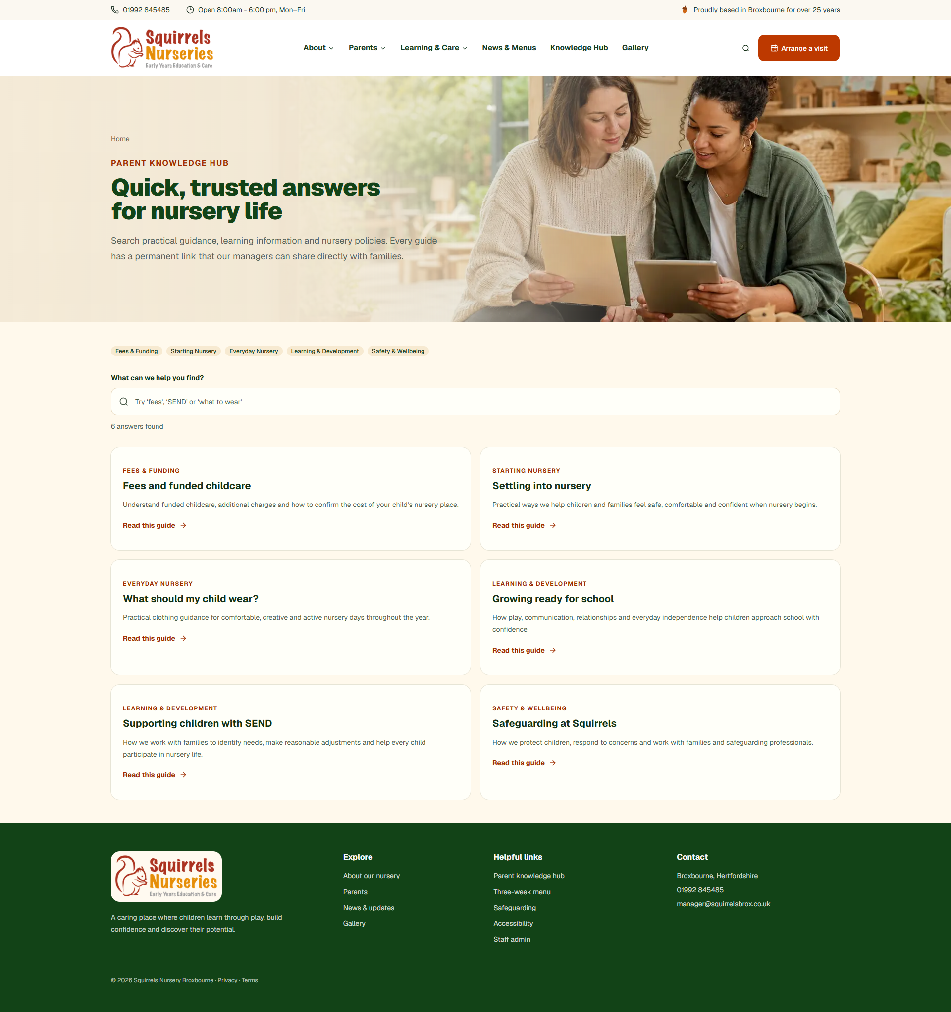 Parent knowledge hub with categories, search and practical nursery guides