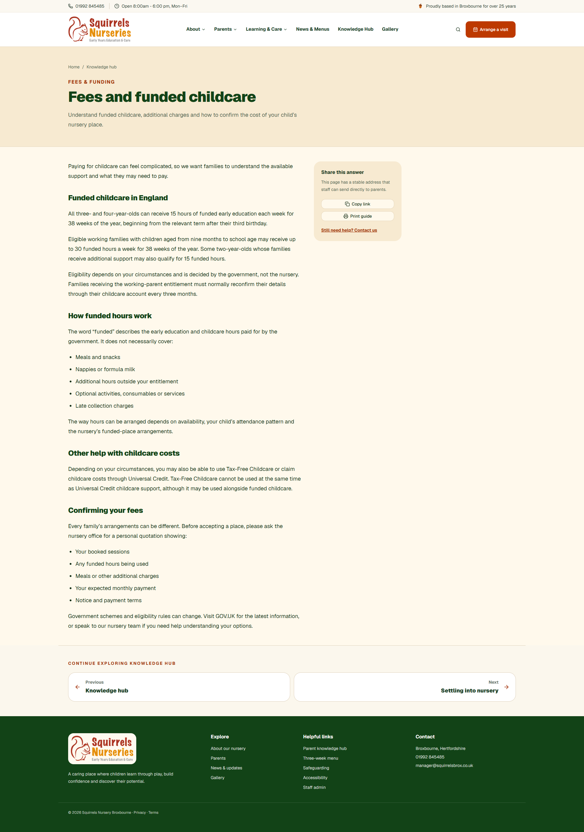 Detailed fees and funded childcare guide with sharing and print tools