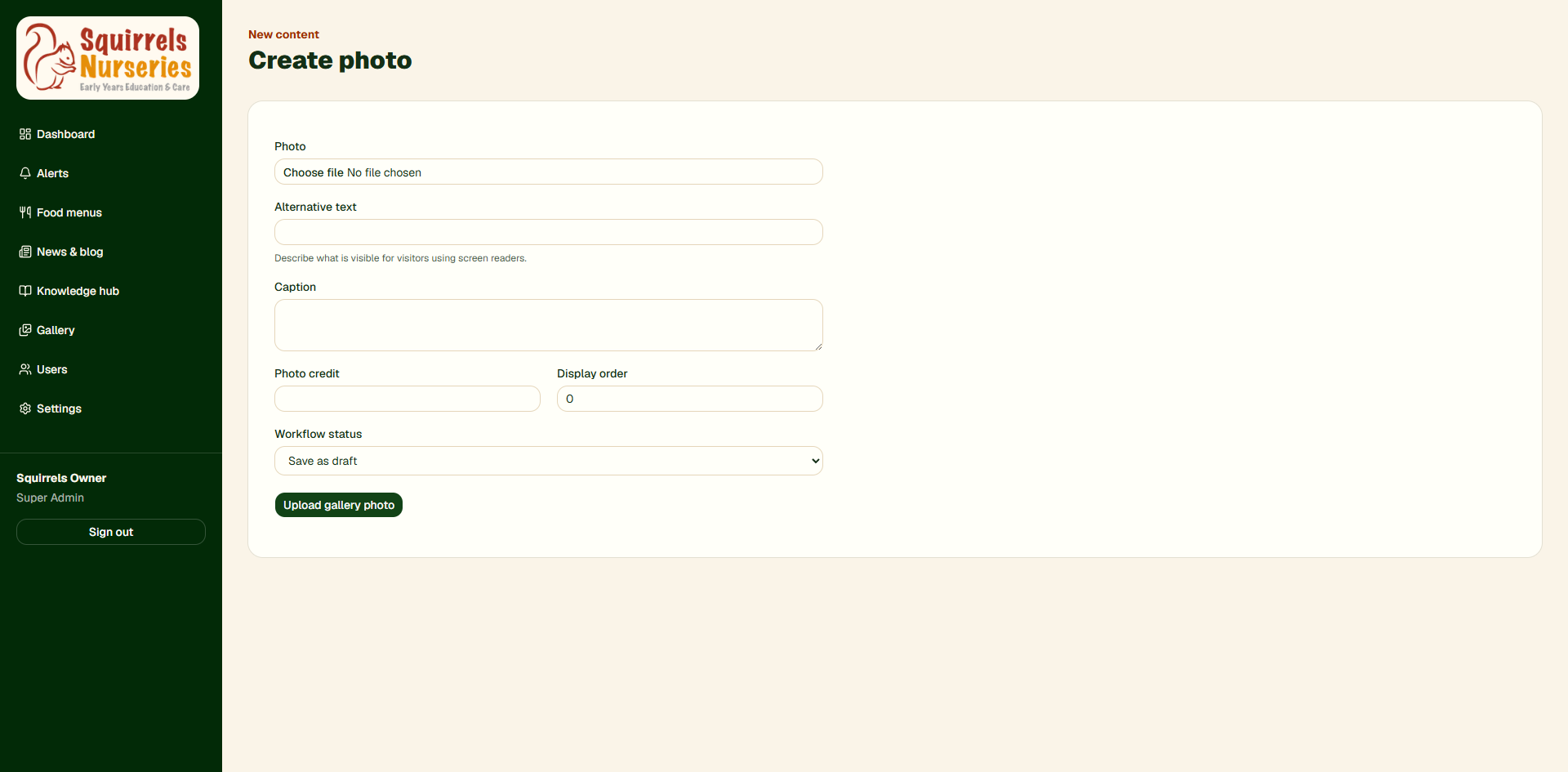 Gallery upload form with alternative text, caption, credit and publishing controls