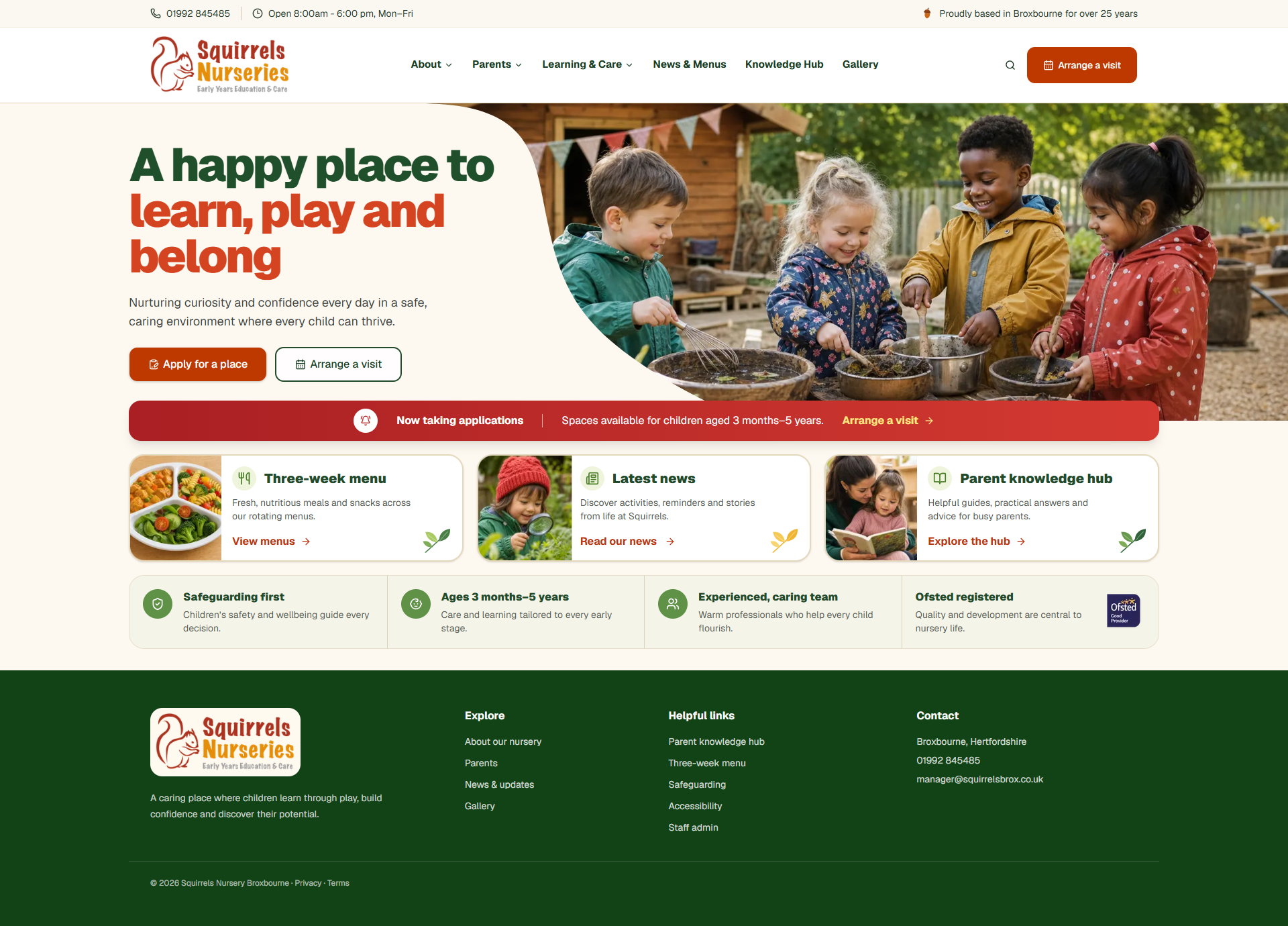 Redesigned Squirrels Nursery homepage with a clear hero, parent journeys and high-quality responsive visual system