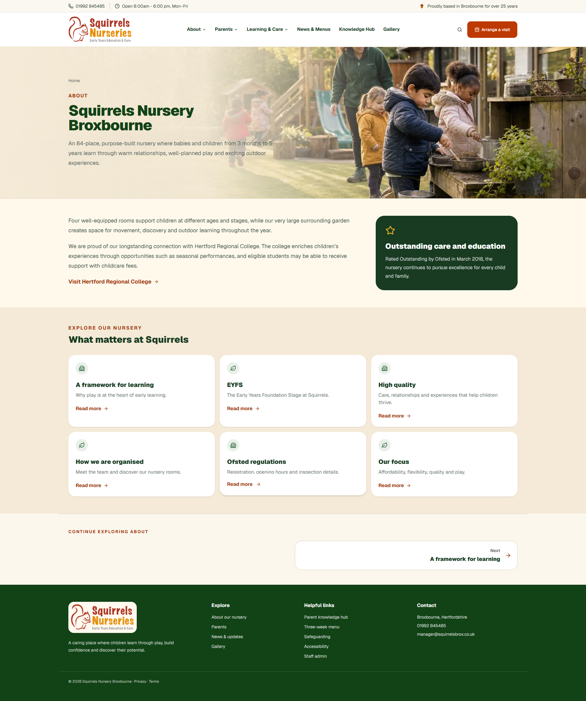 About page describing the nursery, Ofsted result and areas of focus
