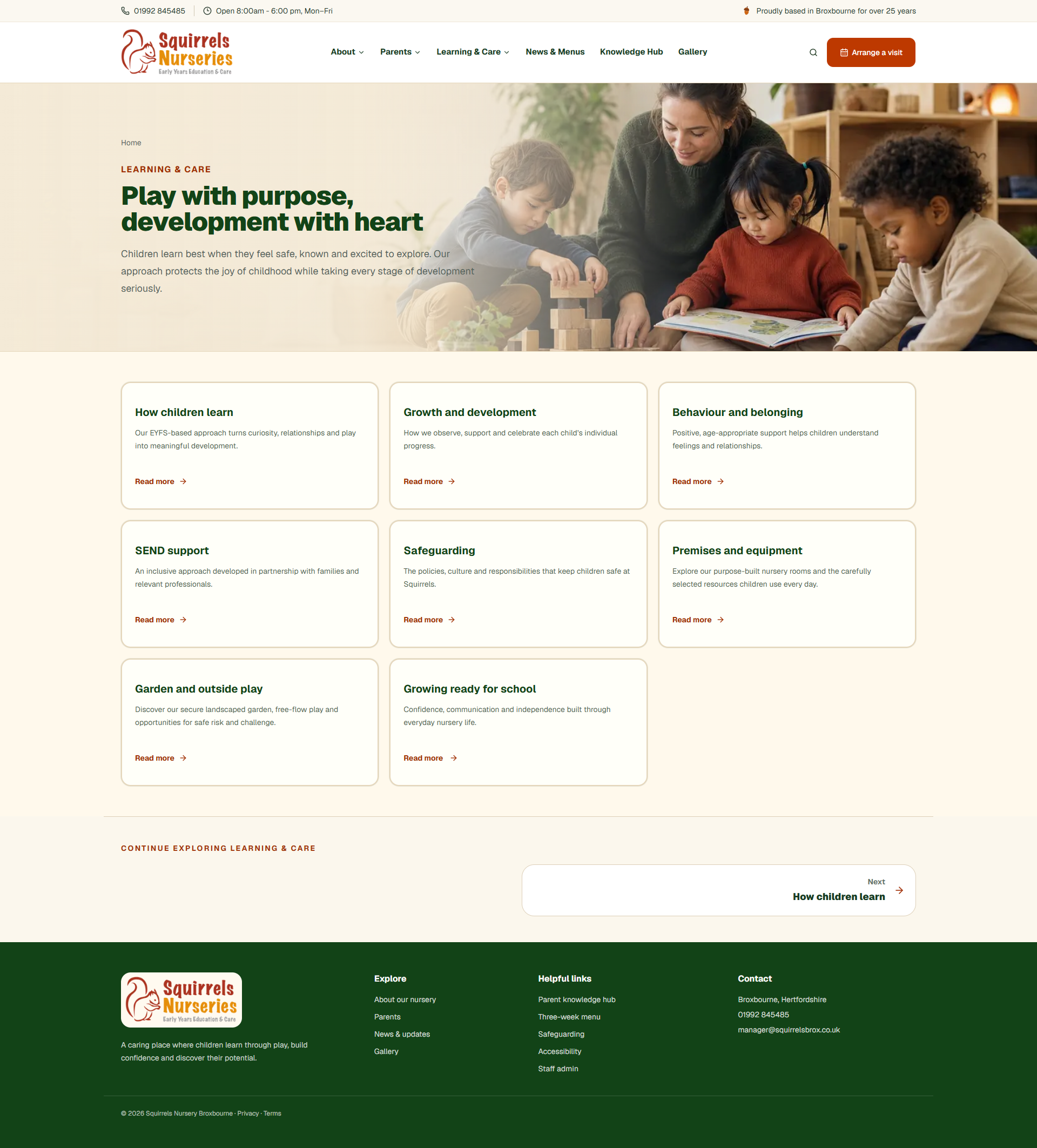 Learning and care landing page with structured routes into key information