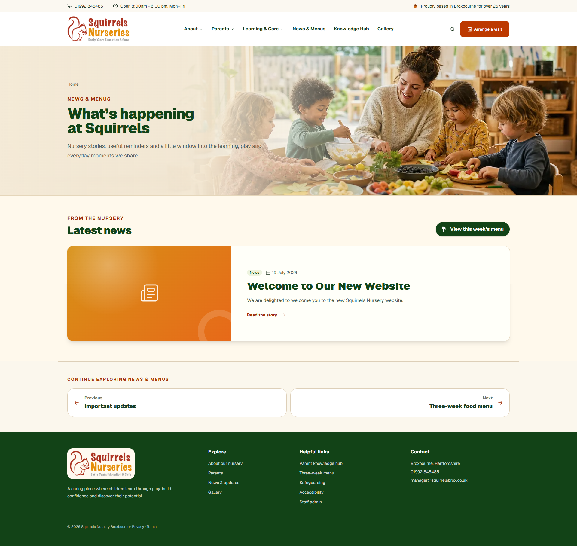 Nursery news landing page with latest story and food-menu route