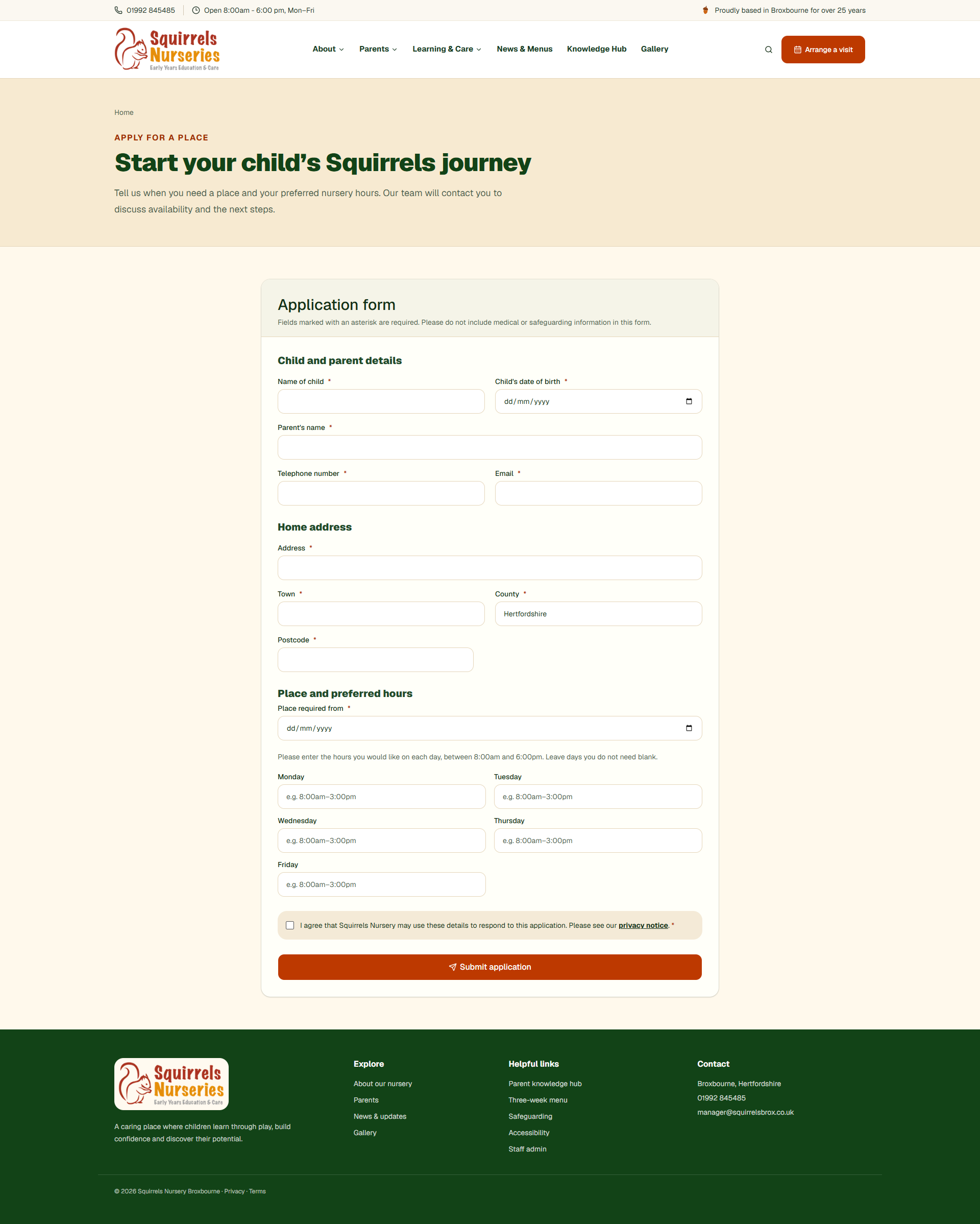Online nursery application form for child, parent and preferred-hours details