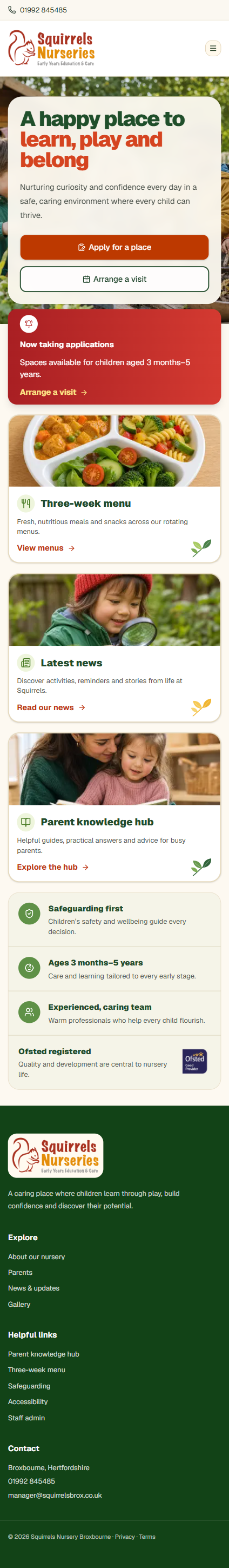 Responsive Squirrels Nursery homepage on a mobile screen