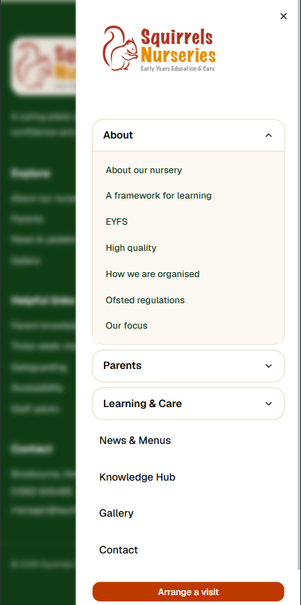 Mobile navigation drawer with grouped nursery information