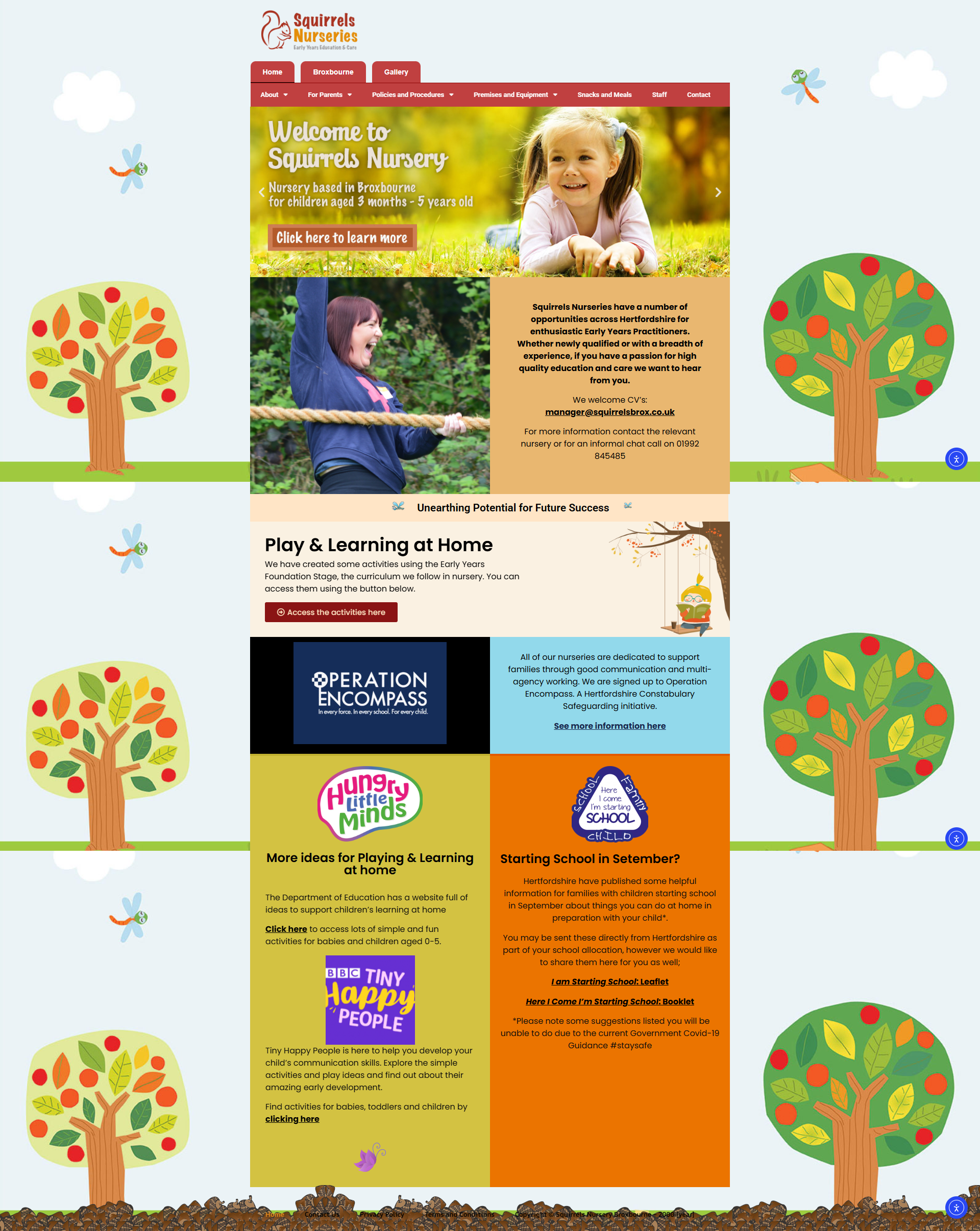 Original Squirrels Nursery homepage before the redesign, with a narrow multi-coloured layout and dense navigation