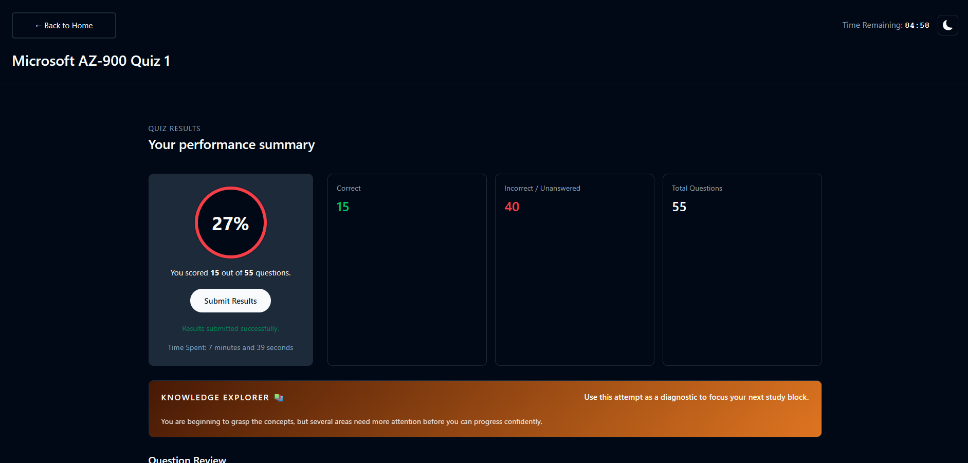 Results summary in dark mode